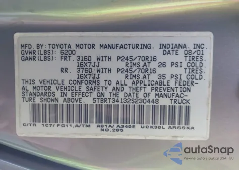 2002 Toyota Tundra Sr5 V8 z USA, uszkodzony, nr VIN 5TBRT34132S230448